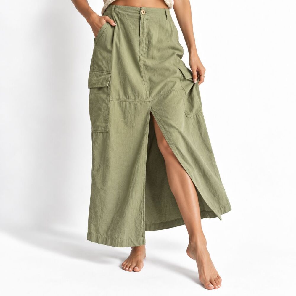 Zara Linen Blend Cargo Maxi Skirt Womens Medium Olive Green Utility Front Slit